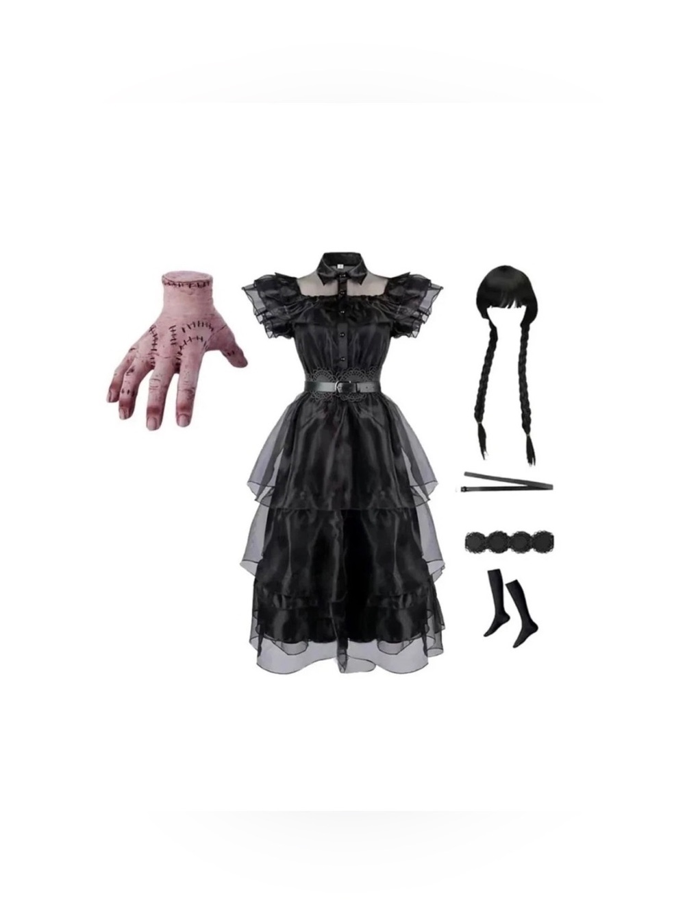 WEDNESDAY ADDAMS Dress Halloween Costumes, Black Dress with Thing Hand and Wig,